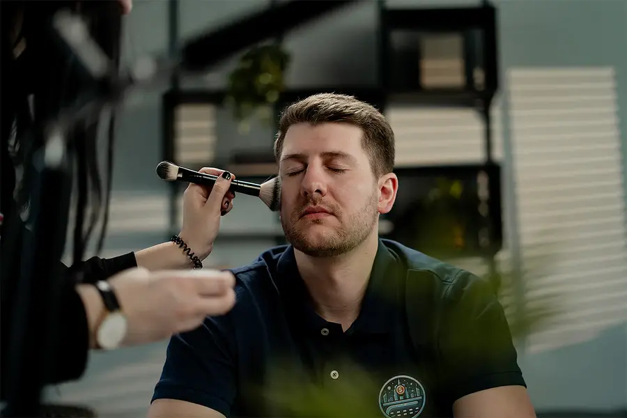 Schauspieler wird für den Abschlussfilm Der letzte Coup in der Maske geschminkt
