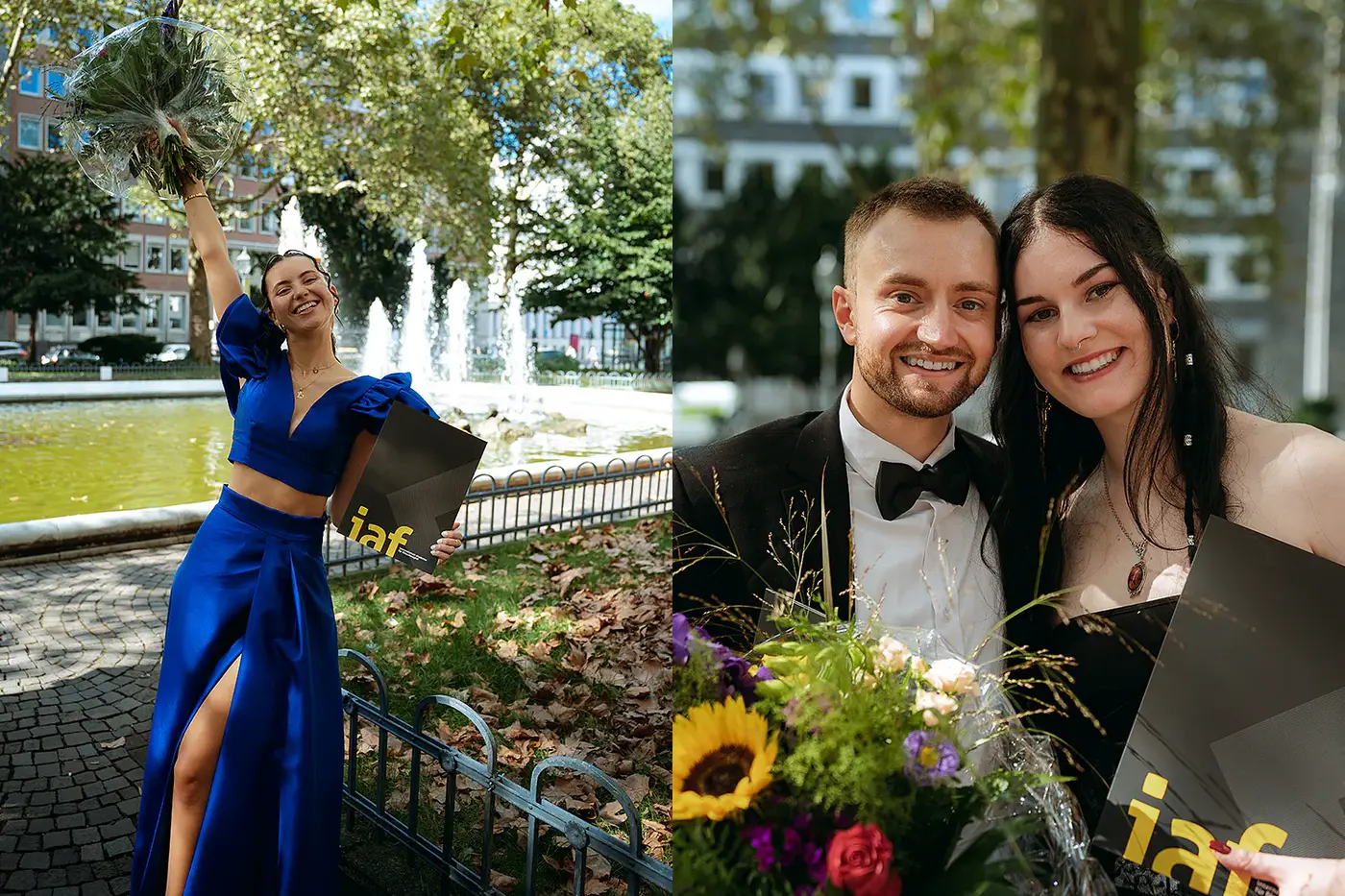 Jubelnde Absolventin am Brunnen und ein Absolventenpaar mit Blumen, IAF Abschlussfeier 2024 in Köln